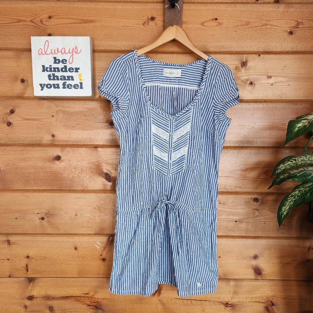 Abercrombie Fitch NWT Pinstripe Drop Waist Mini Dress Lace Trim Cap Sleeve Sz M